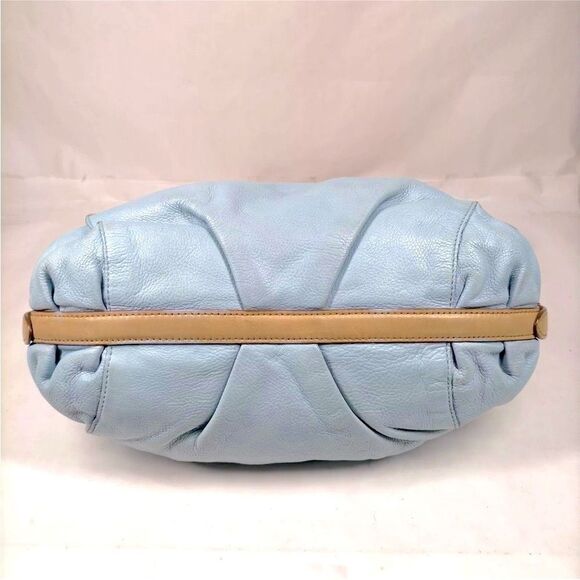 Auth MCM Light Blue Leather Tan Trim 2way Saddle Hobo Bag Satchel Preloved Purse - Picture 5 of 9